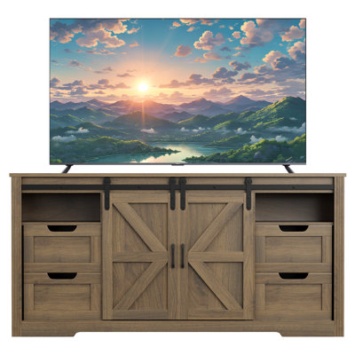 Rustic Farmhouse TV Stand for 70 Inch TVs – 66" Entertainment Center with Sliding Barn Doors, 4 Drawers, Adjustable Shelf – Large Walnut Wood Media Console for Living Room or Bedroom – Walnut Color