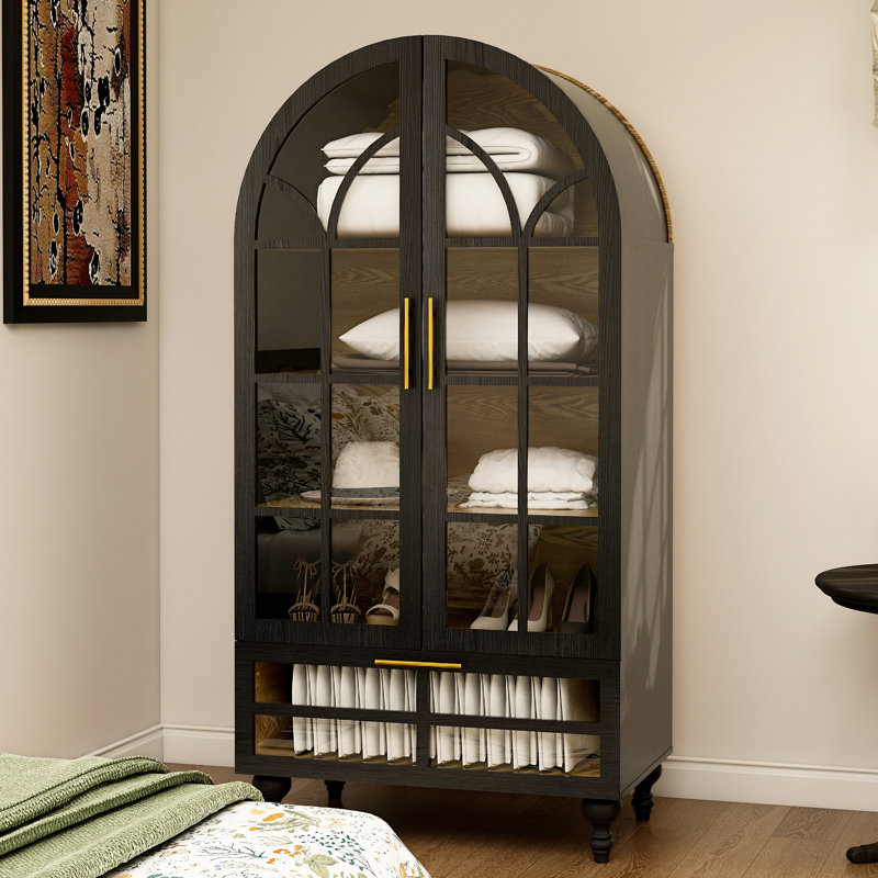 Vitrine arquée rétro avec portes en verre, armoire de rangement de 71 po de hauteur avec tablettes réglables et grand tiroir, armoire vitrée en bois aggloméré pour le salon, la salle à manger, le vestibule