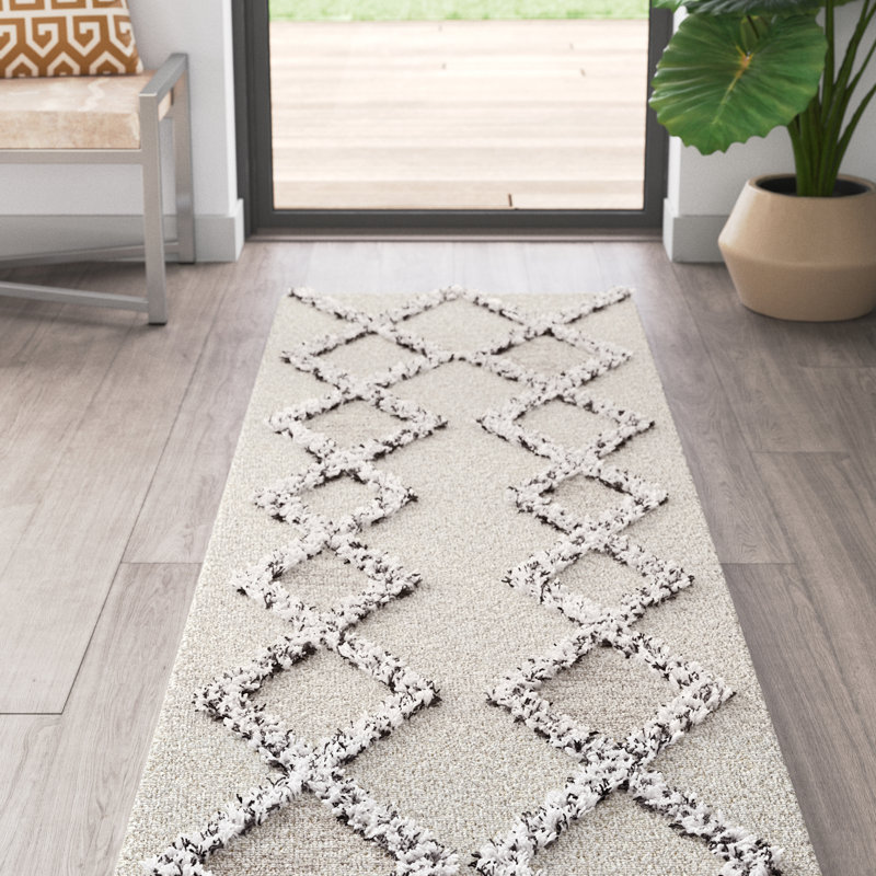 Pappalardo Geometric Handmade Tufted Wool/Cotton Ivory Area Rug, Rectangle 2'3" x 9'
