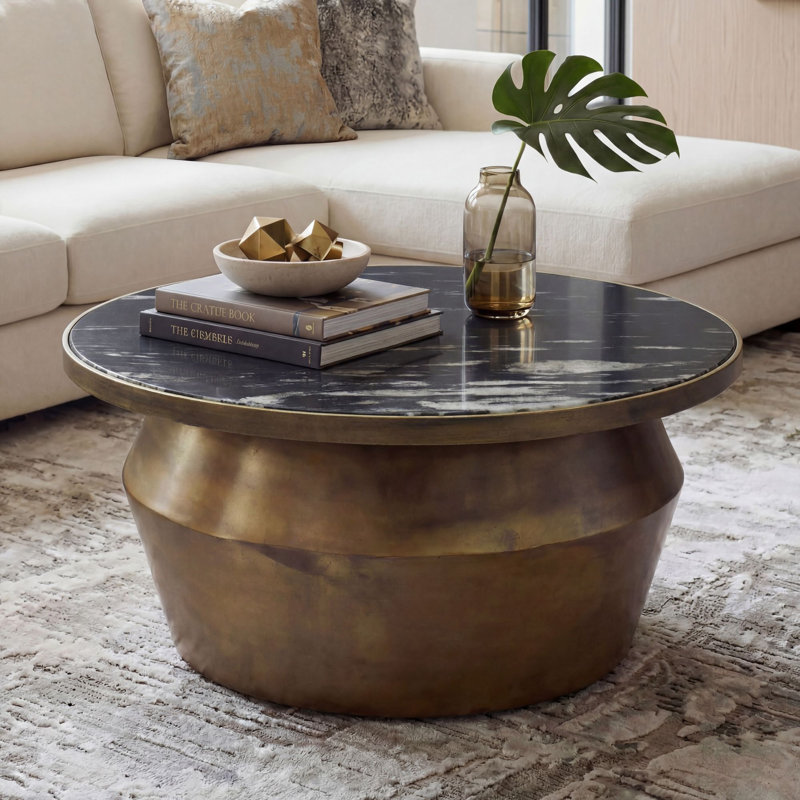 Round White Marble Coffee Table with Iron Base, Black / Brown, Black