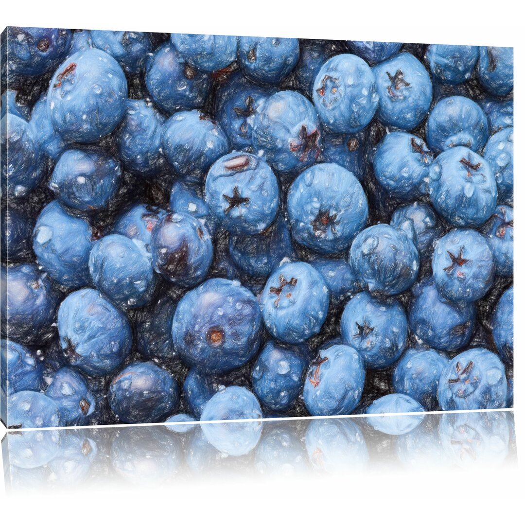 Leinwandbild „Blaubeeren mit Wassertropfen“, Grafikdruck