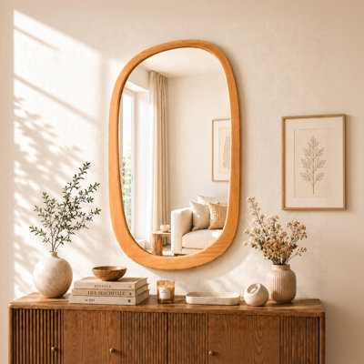 Miroir mural irrégulier, miroir mural à cadre en bois 30 po x 18,5 po, miroir asymétrique organique ondulé pour le couloir du salon de la chambre à coucher