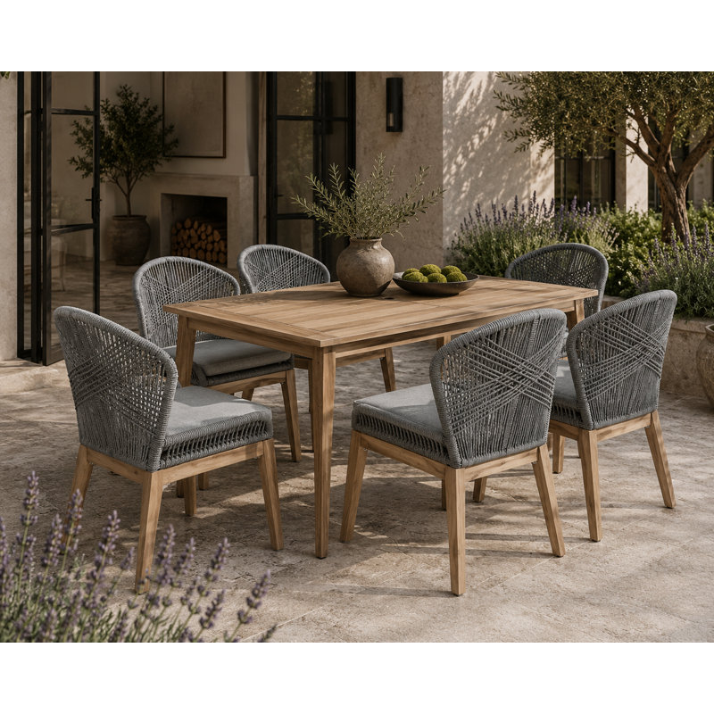 Ensemble repas d'extérieur en bois d'acacia pour 6 personnes avec coussins 7 pièces Daveney - Table de patio rectangulaire avec chaises tissées et trou pour parasol - Gris