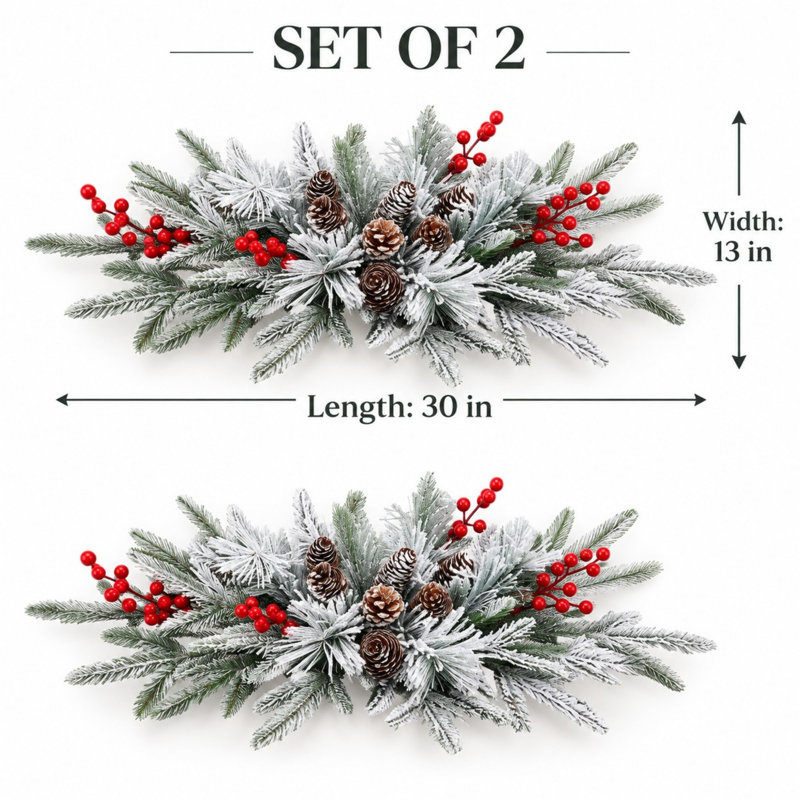 Guirlande de Noël en 2 pièces de 76 cm (30 po) avec flocons de neige, pommes de pin et baies rouges
