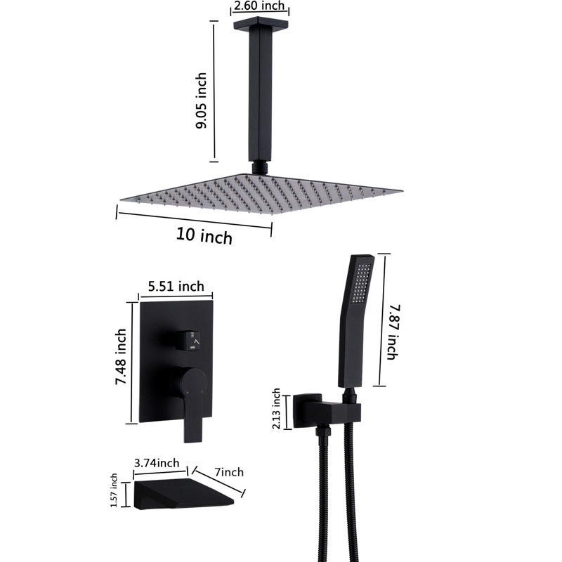 10" Shower System In Matte Black, Stainless Steel Construction, Balanced Ceramic Disc, , 3 Switch, Wall Mounted Black System, 31 Function, Faucet