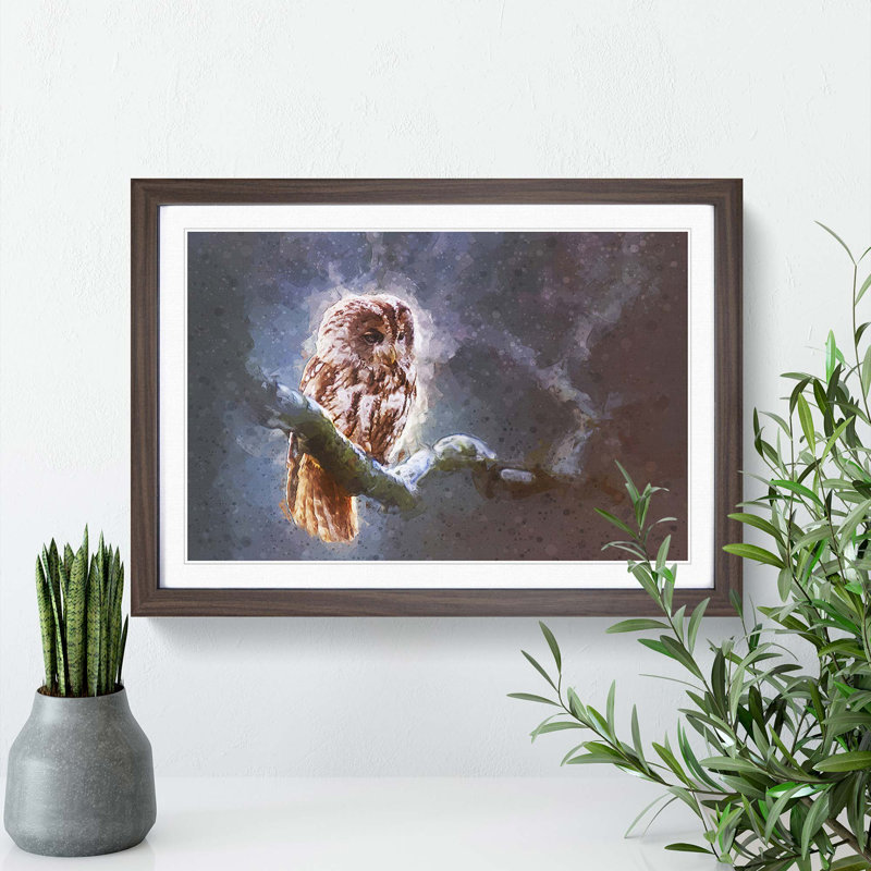 Owl Upon a Tree Branch in Abstract - Picture Frame Graphic Art Print, Walnut Framed, 48cm H x 65cm W x 2cm D