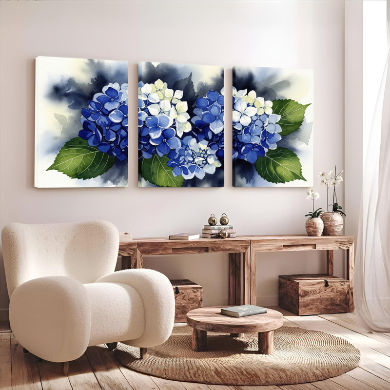 Bleu et blanc, hortensia, art mural sur toile, reproduction de peinture à l'huile de style aquarelle (ensemble de 3)