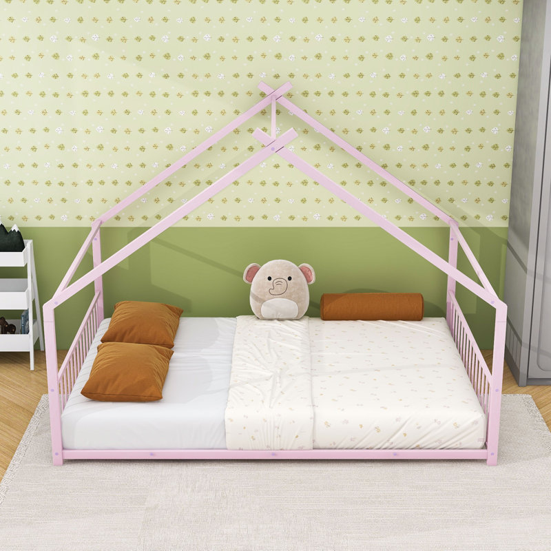 Metal House Bed With Roof And Sturdy Slats, Full, Pink
