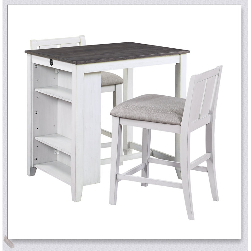 Ensemble 3 pièces à hauteur de comptoir avec étalage, ports USB et chaises rembourrées en tissu de style transitionnel blanc et gris