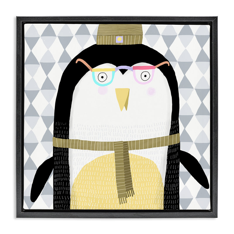 Cozy pingouin sur toile géométrique encadrée, conception par Carla Daly, Cadre flottant noir de jais, H 18 po x l 18 po