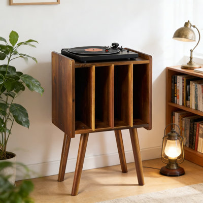 Mid-Century Modern Record Player Stand With Storage Cabinets, Holds 100 Vinyl Records, Acacia Wood Media Console With Metal Record Holder And Organize by 17 Stories