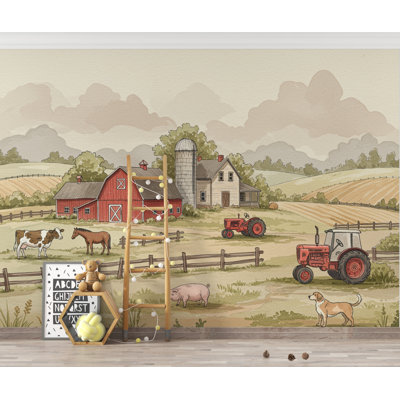 Farm Wallpaper Mural – Watercolor Farmhouse Scene with Tractor, Cow, Horse & Dog – Elegant Countryside Wall Art 295DRE