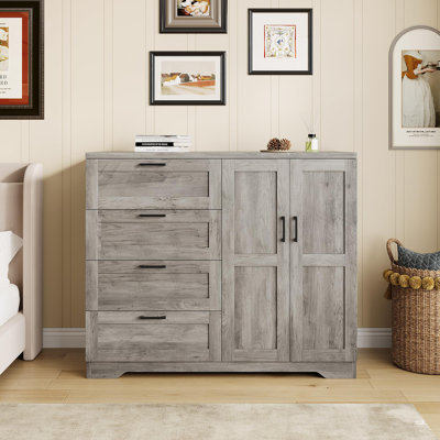 Commode multifonctionnelle en bois pour la chambre à coucher, armoire à 2 portes H 43,3 po avec 4 tiroirs et tringle, armoire de rangement basse pour tissu suspendu