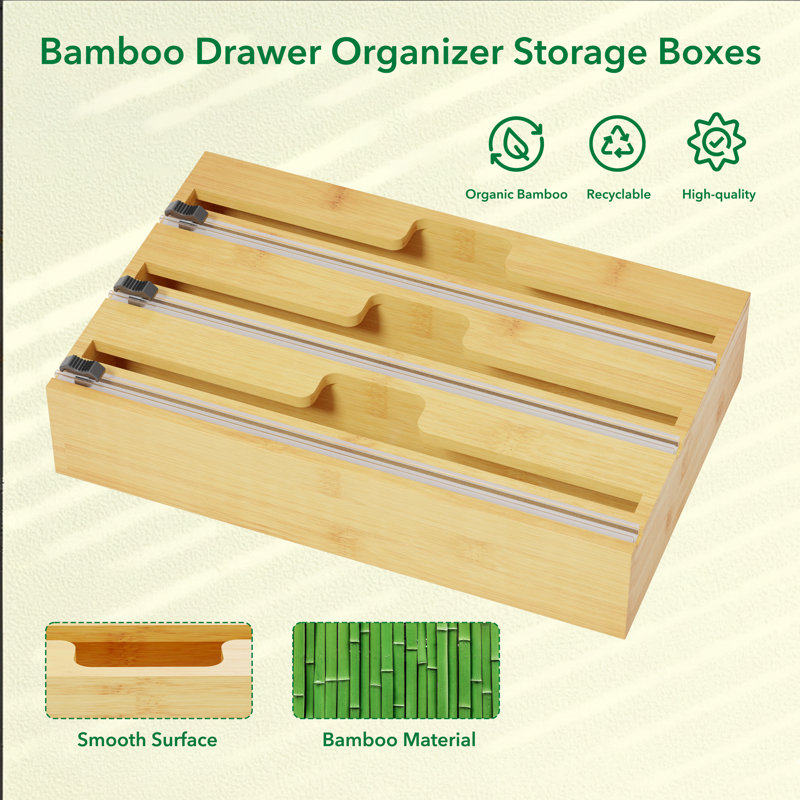 WrapNeat 3 in 1 Wrap Organizer with Cutter & Labels, Bamboo Dispenser for Plastic Wrap, Aluminum Foil & Wax Paper, Kitchen Storage Holder for 12" Rolls