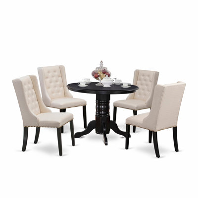 5 Piece Kitchen Table Set for 4 Includes a Round Dining Room Table with Pedestal and 4 Cream Linen Fabric Upholstered Chairs, Black