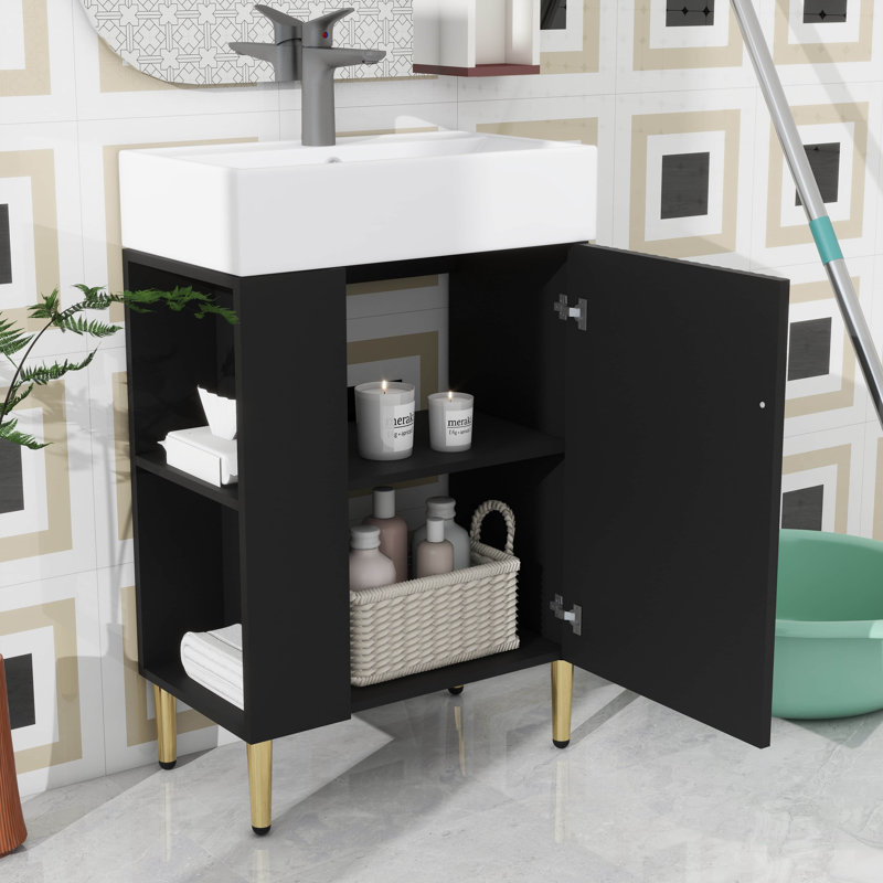 Petit meuble-lavabo avec lavabo simple en céramique, Noir