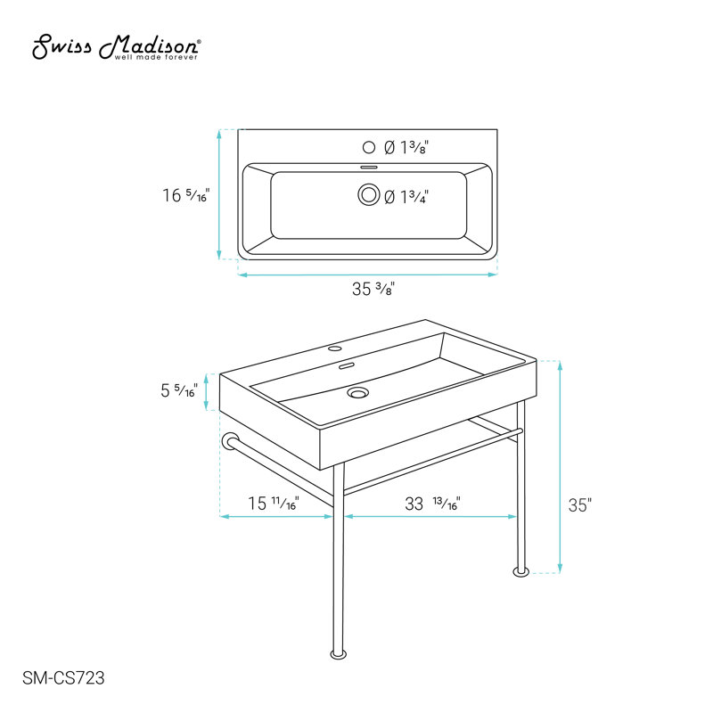 Carre 36 Ceramic Console Sink White Basin Gold Legs, White/Gold