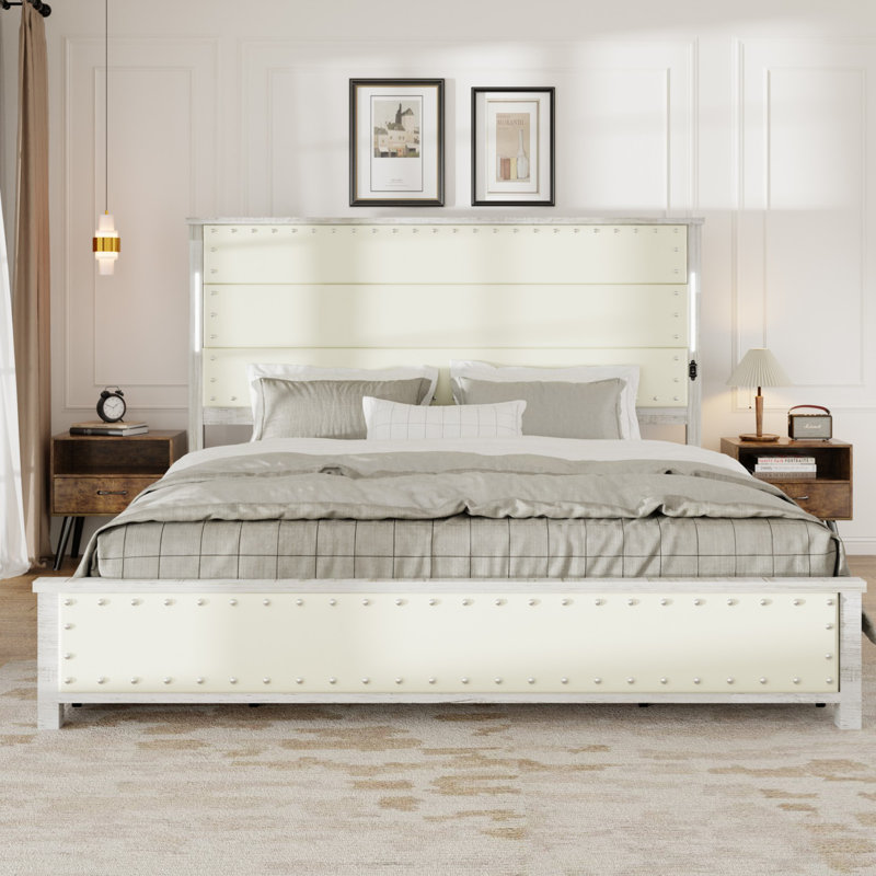 Bed Frame With Upholstered Headboard, Equipped With Charging Station And LED Lights For Enhanced Bedroom Comfort And Convenience