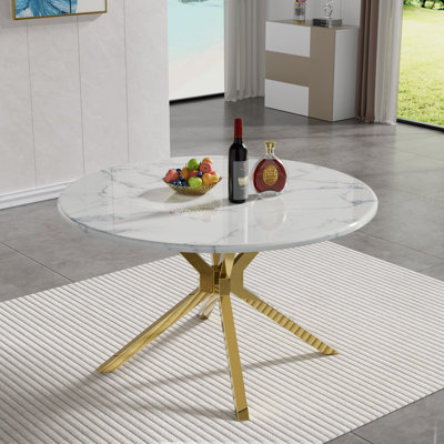 45" White Printed Marble Dining Table, Luxurious Round Dining Table with Printed Marble Tabletop and Stainless Steel Pedestal, Modern Round Dining Room Table for Kicthen