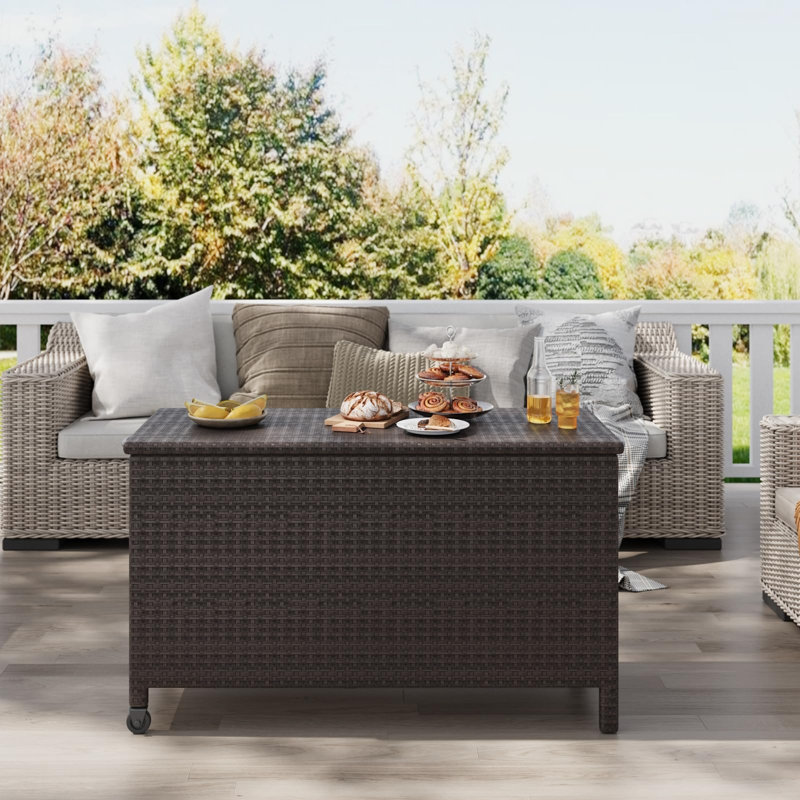 Oversized 125 Gallon Outdoor Deck Storage Box with Wheels – Waterproof PE Rattan Patio Chest for Garden, Backyard, Balcony, Poolside – Large Portable Bin with Handles – Brown Rattan