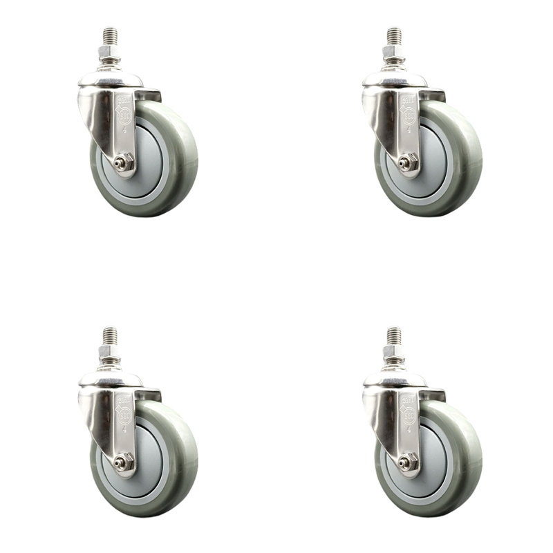 316SS Polyurethane Wheel Swivel Threaded Stem Caster Set, Gray
