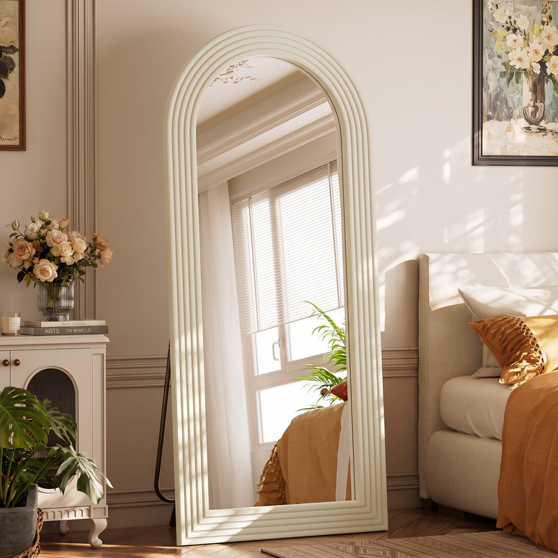 Miroir sur pied blanc arqué de 32 po x 71 po, miroir mural avec cadre décoratif pour la chambre ou l'entrée