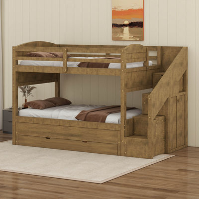 Lit superposé simple au-dessus de simple TG avec lit gigogne et tiroirs de rangement, structure de lit superposé en bois massif avec escalier et garde-robe
