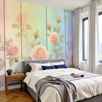 Papier peint adhésif auto-adhésif pour chambre à coucher rose pastel rose arc-en-ciel