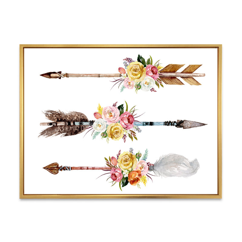 Plumes et fleurs sur des flèches indigènes II - peinture sur toile, H 16 po x l 32 po x p 1 po, Cadre flottant doré