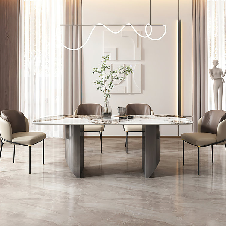 Dashona White Rectangular Sintered Stone Dining Table with Double Pedestals