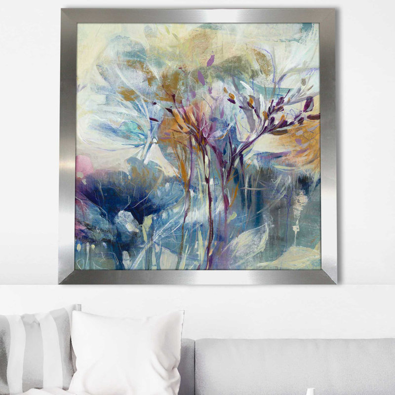 «Meadow Safran II» par K.Nari - Peinture, Encadrement argenté, H 37,5 po x l 37,5 po x P 1 po