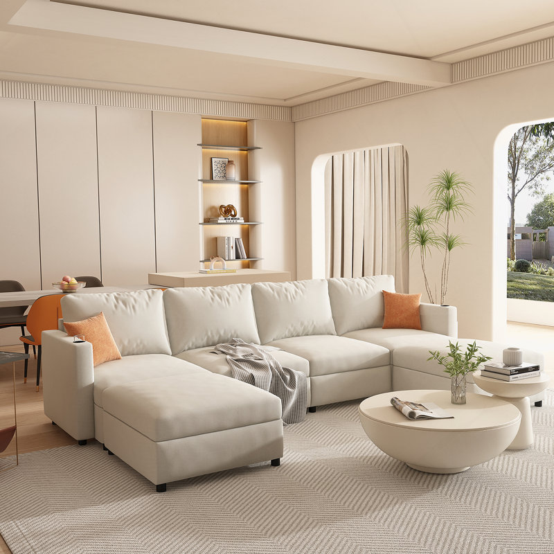 Grand canapé modulaire moderne, canapé modulaire en U avec fonction de rangement, Tissu blanc antique