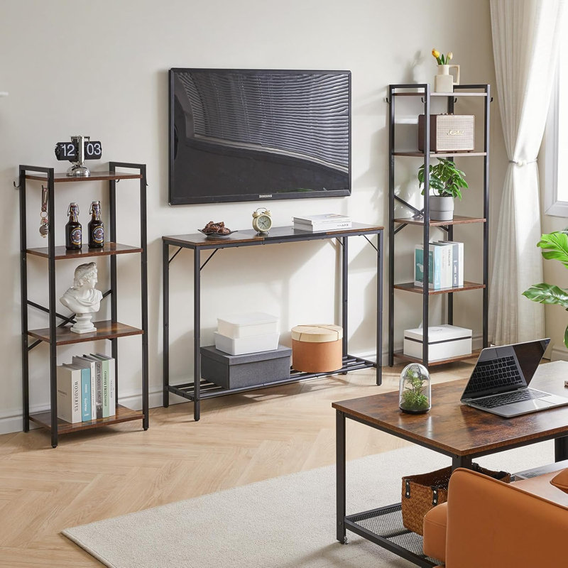 Console, table de vestibule industrielle de 42,1 po, table de canapé étroite avec tablettes, table de canapé, Brun / Noir