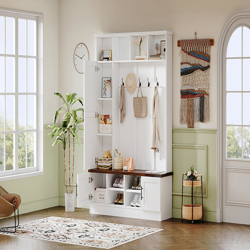 Portemanteau polyvalent 3-en-1 avec 6 crochets, banc de rangement en noyer de ferme avec tablettes réglables, portemanteau d'entrée de 55 po avec plusieurs espaces de rangement pour vestibule, couloir, blanc