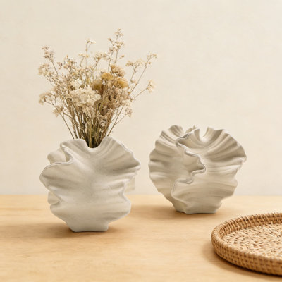 Ceramic Vase Set Of 2, Flower Shape Decorative Vases For Pampas Grass, Minimalist Nordic Boho Style Home Decor For Living Room, Bedroom, Office, Mantle And Dining Table