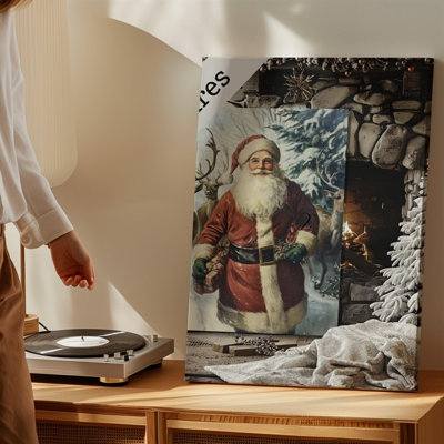 Toile, une scène de salon festive douillette avec un art mural de style rétro, un portrait du père Noël mis en évidence sur une toile murale rustique