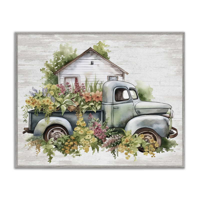 Reproduction giclée sur cadre blanc « Country Floral Truck » par Lettered and Lined, H 11 po x l 14 po