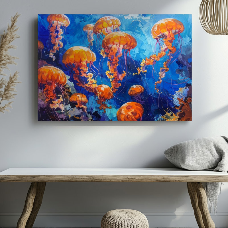 «Vibrant Orange Jellyfish», toile sous-marine fantaisiste, art mural sur toile, prêt à accrocher, H 9 po x l 12 po