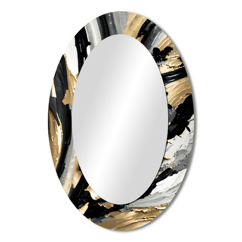 Rhythm Of Pleasure Abstract Black And Gold I - Large Oval Wall Mirror On Metal, 36" x 24"