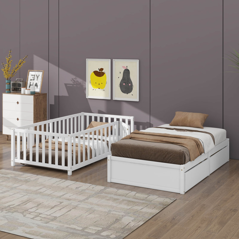 Twin Size Wooden Daybed With Fence-Style Guardrails For Safety And Two Built-In Storage Drawers, White