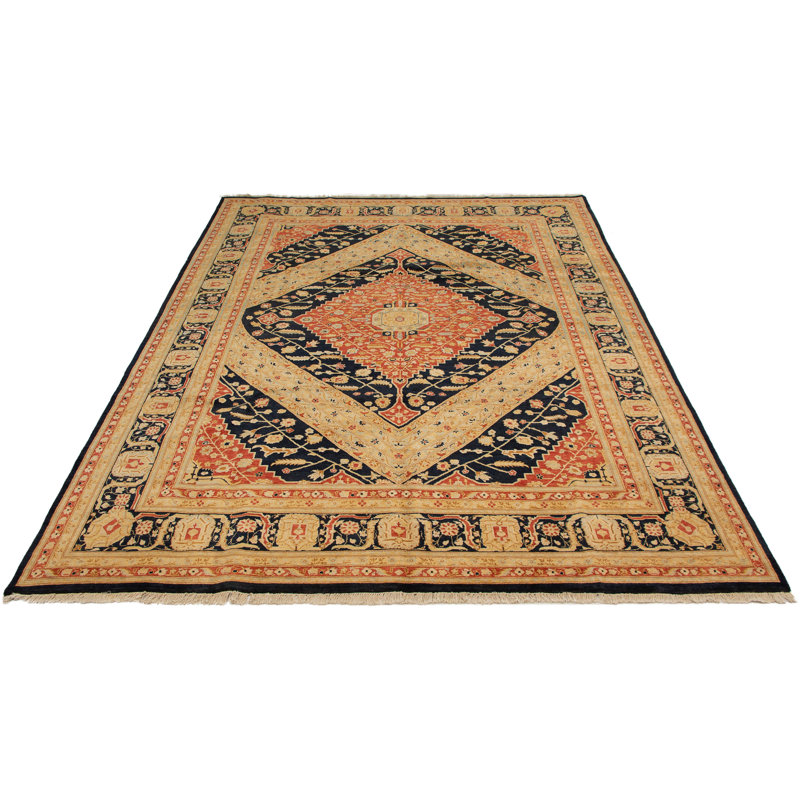 Tapis d’intérieur en laine bleu marine/crème 8 pi 10 po x 12 pi 1 po à la main one-of-kind-noué la 2010 ushak Vorti