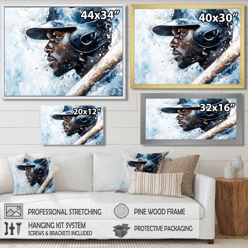 Profil de joueur de baseball - Art mural de baseball sport, H 34 po x l 44 po, Argent argent