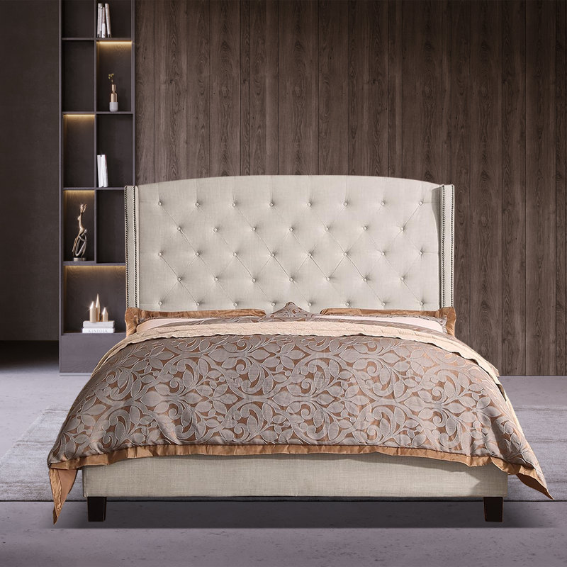 Upholstered Wingback Platform Bed, Bed Frame with Nailhead Trimmed Wingback and Button-Tufted, Beige, Full / Double