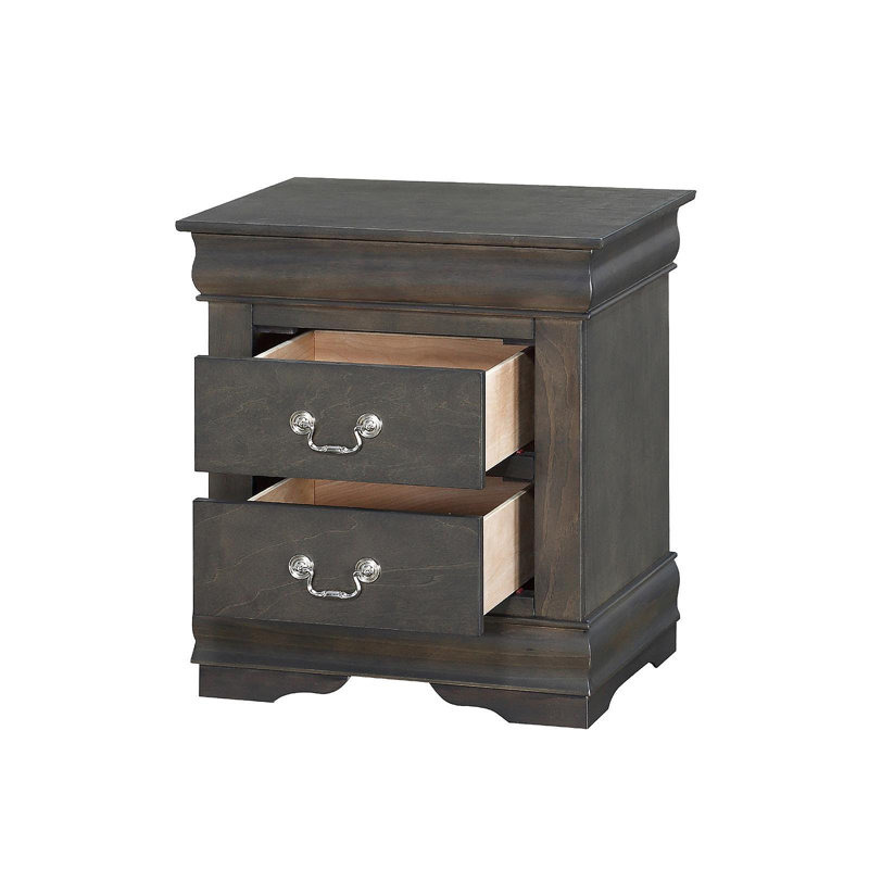Table de chevet en pin massif avec 2 tiroirs, gris foncé