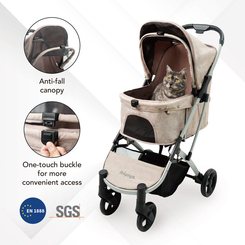 Compact Foldable Beige Polyester Pet Stroller with EVA Wheels