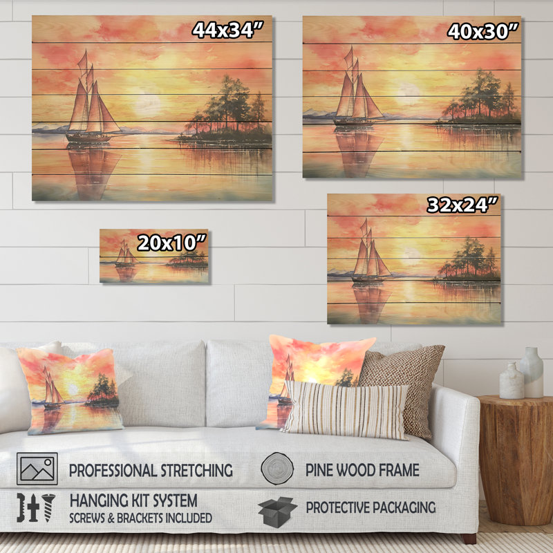 Voilier pastel couleurs coucher de soleil VI - Bateau à voile sur bois, H 34 po x l 44 po