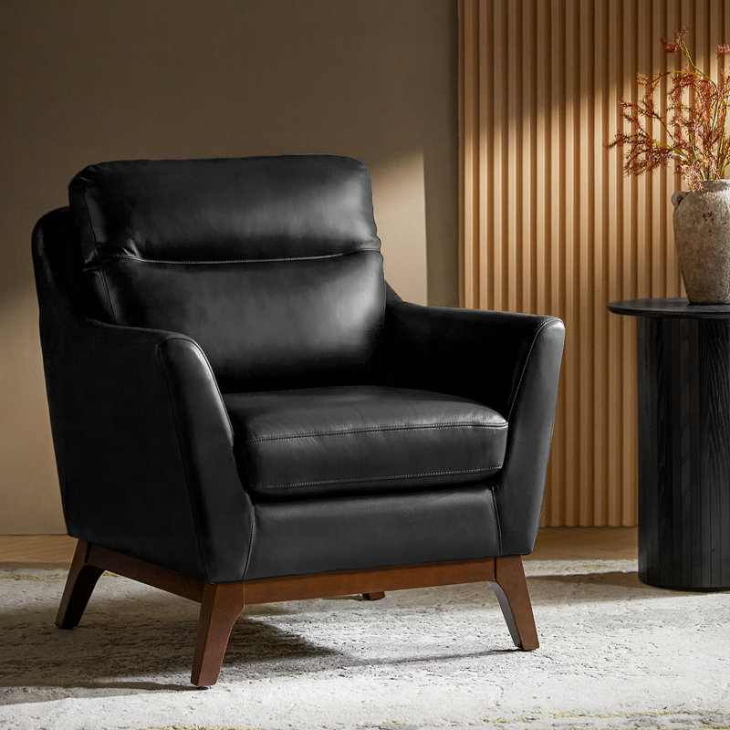 Mariessa Genuine Leather Pocket Spring Armchair with Solid Wood Legs , Black Genuine Leather
