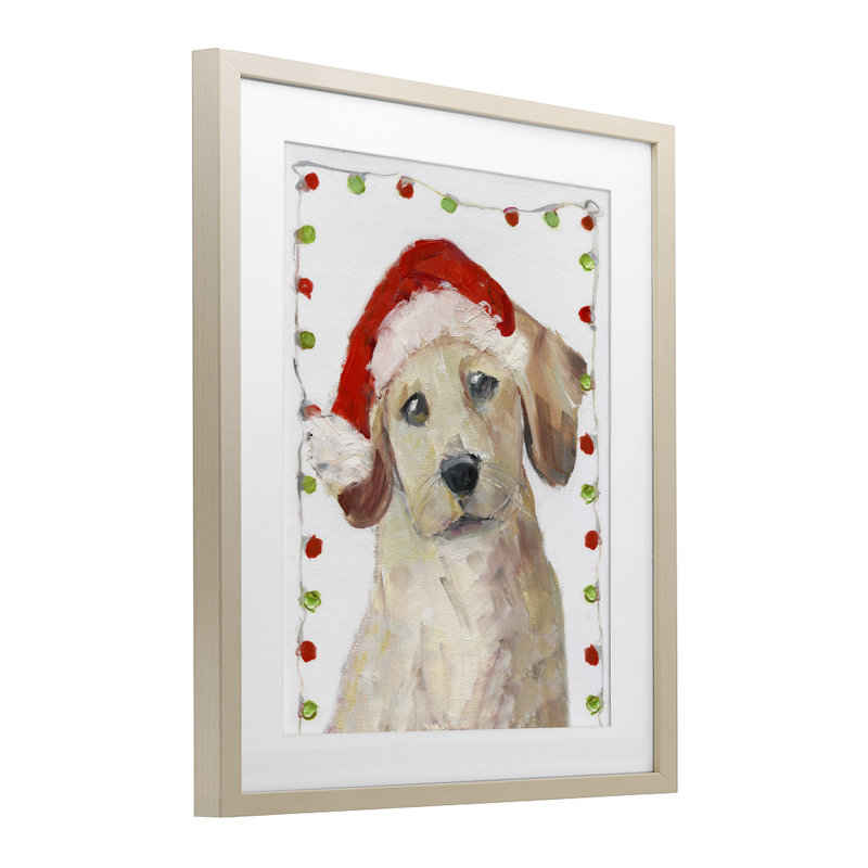 «Santa Paws Pup», reproduction sous verre, conception de Sally Swatland, H 16 po x l 13 po, Cadre de récolte en pin