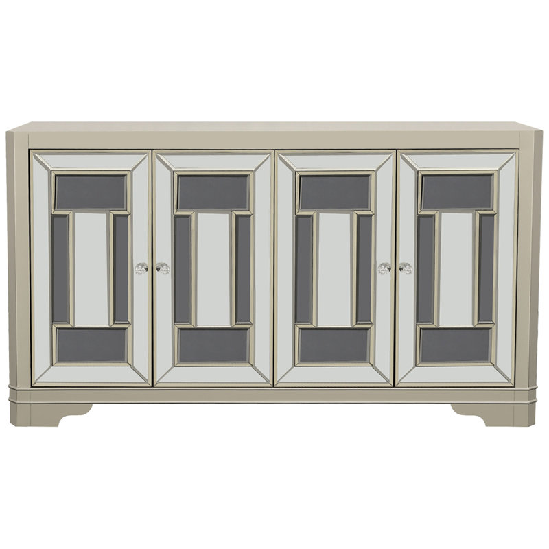 Armoire de rangement luxueuse avec finition champagne, miroirs argentés et cristal pour une utilisation à la maison.