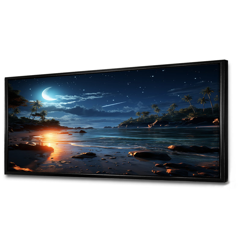 Mystic Tropical Beach Moonlight I - Art mural plage, Cadre flottant noir, H 28 po x l 60 po x P 1,5 po